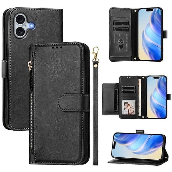 iPhone 16 Plus 6.7\" Pung Etui – Læder, Flere Kortpladser & Lynlås, Sort, Kompatibel med iPhone 16 Plus