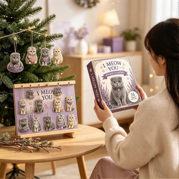 Katte-adventskalender til jul, 24-dagers nedtelling med akryl-katteanheng