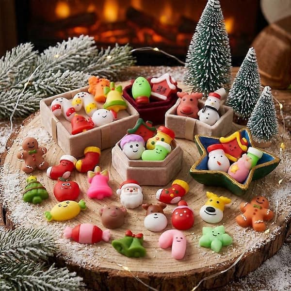 24 stk. julekalender med nedtelling, mini squishy fidget-leker, assorterte julepynt, overraskelsesboks som gave til gutter og jenter