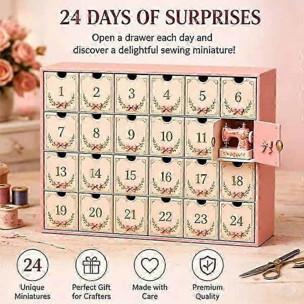 Jule-adventskalender med sy-tema med 24 skuffer og små samlerobjekter i blind-box (2D-version)