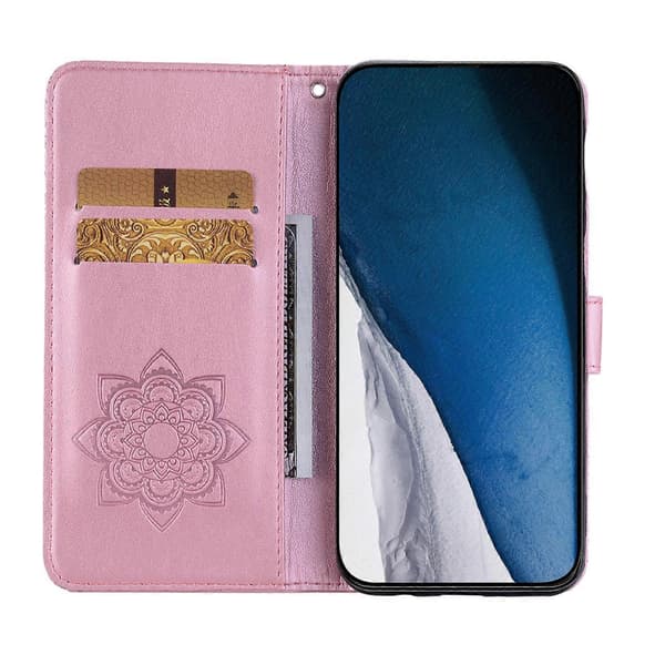 Fodral för iPhone 17 Pro Max, läderplånbok med uggla och blommönster och rem - Roséguld