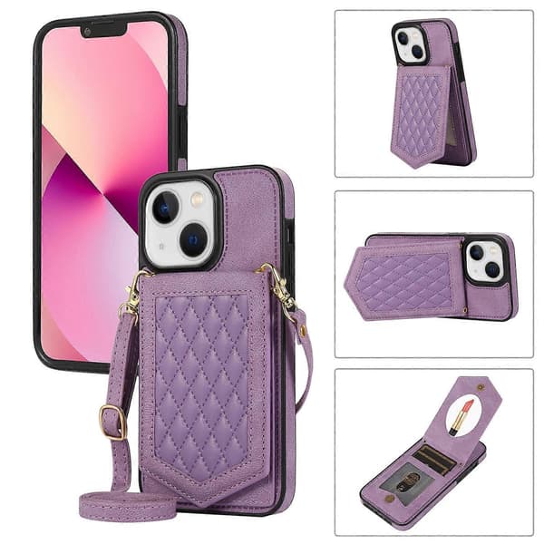 For iPhone 13 mini Rhombic Texture RFID-telefonveske med snor og speil