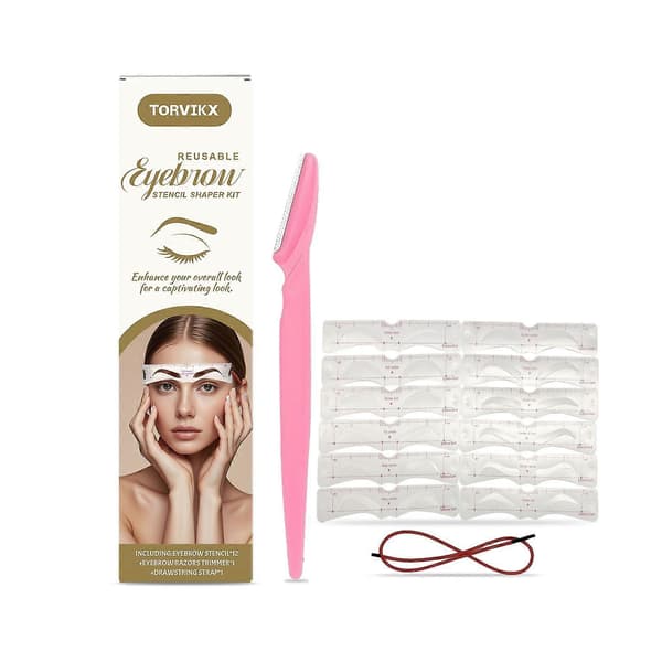 Reusable Eyebrow Stencil Shaper Kit - 12 Eyebrow Stencils, 1 x Eyebrow Razor Trimmer, 1 x Drawstring Band, 3 Minute Makeup