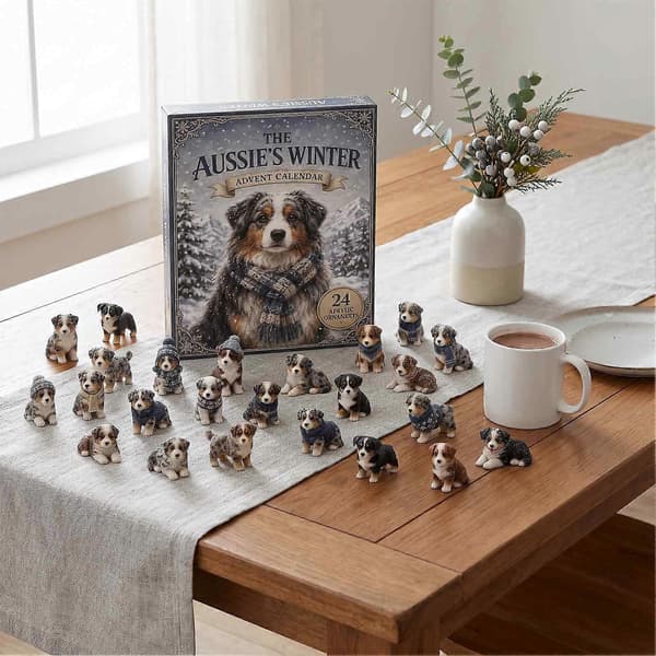 Aussie Vinter-adventskalender – 24 akryl-hundefigurer – for hundeelskere til juletreet