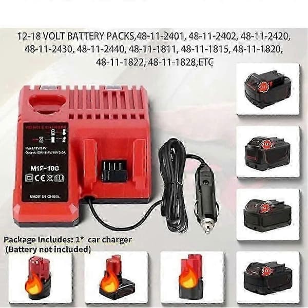 Milwaukee Batterilader for 12V 18V M18 M12 med LED-indikator, billaderplugg