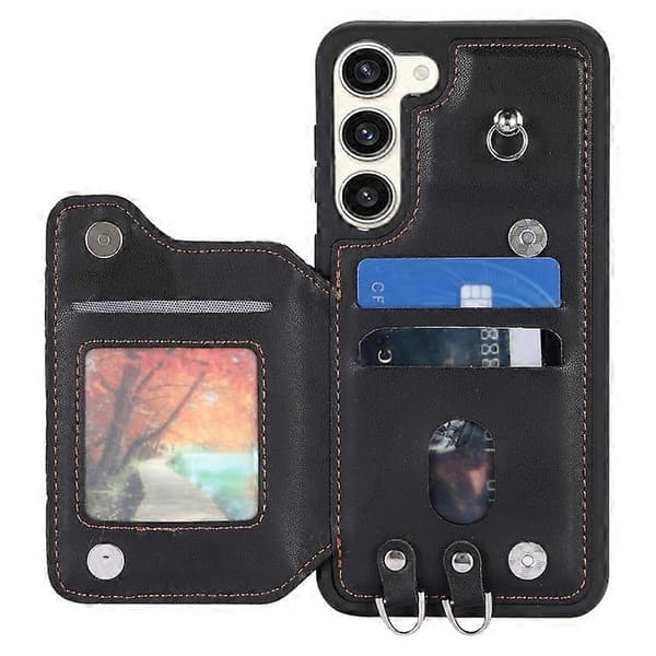 For Samsung Galaxy S23 5G Grid Texture Card Bag Phone Case with Lanyard