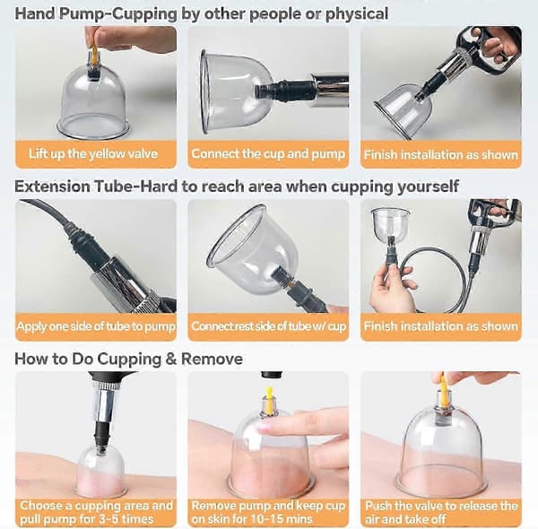 Cupping Terapi Sæt m/ 12 Massagekopper til Lindring af Rygsmerter Fysioterapi med Håndpumpe (Hvid Håndpumpe, 12 KOpper)