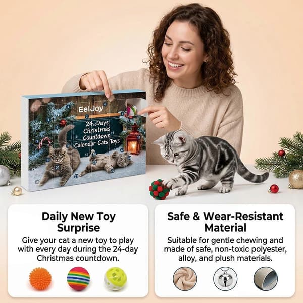 Daglig jule-nedtellingsplan, 24-dagers katteleke-kalender blindboks i PET-materiale