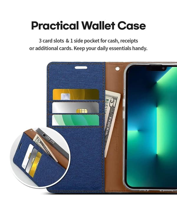 Til iPhone 13 Pro Wallet Flip Denim Cover.
