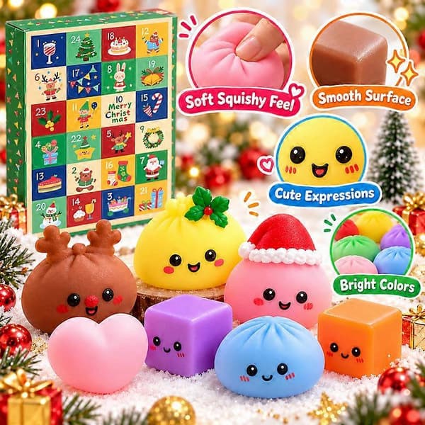 Jule-Squishy Advents-Blindbox, assorteret tilfældigt blødt klemmelegetøj, sød mini-fidget-dekoration, sensorisk stresslindring til nedtælling til jul