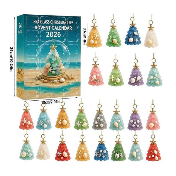 Adventskalender med flate akrylpynt i havetema for juletredekorasjon