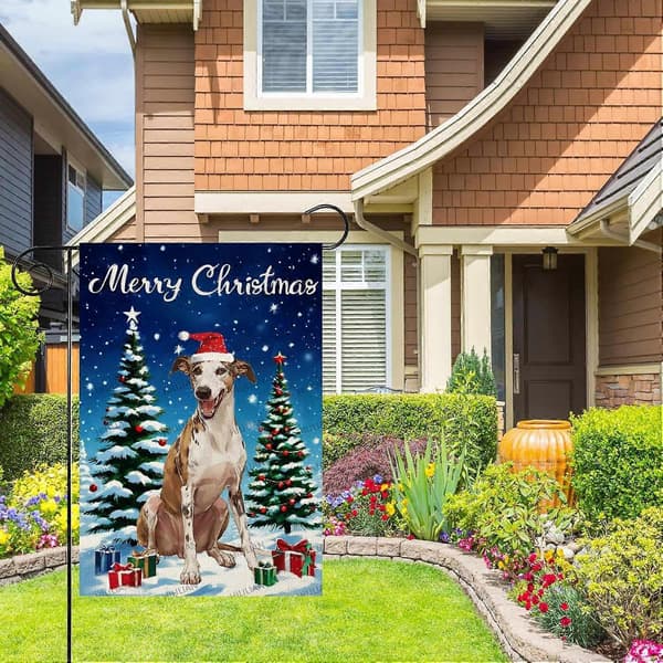 Julehageflagg, Juleflagg Whippet-hund Julehusflagg 12 x 18 tommer utendørs jul