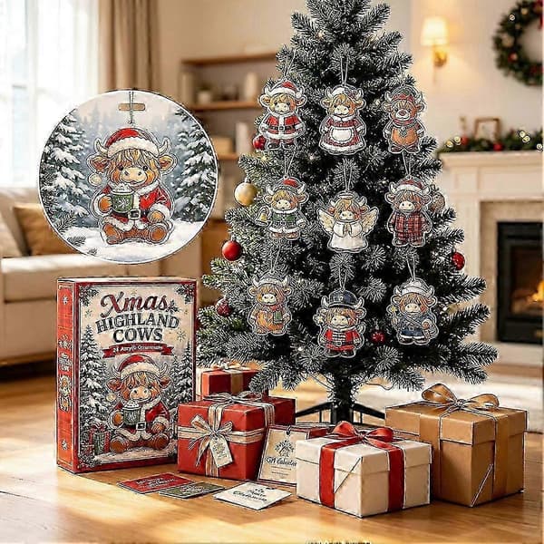 Jule-adventskalender med 24 dagers nedtelling og flate Highland Cow-pynt_rbxg