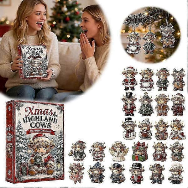 Jule-adventskalender med 24 dagers nedtelling og flate Highland Cow-pynt_rbxg
