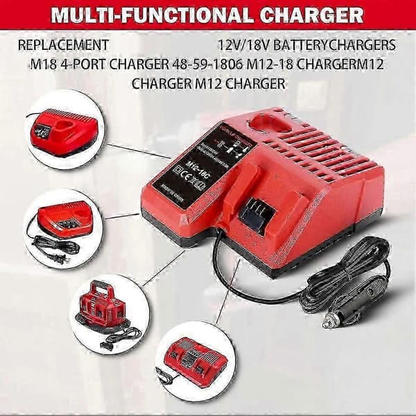 Milwaukee Batterilader for 12V 18V M18 M12 med LED-indikator, billaderplugg