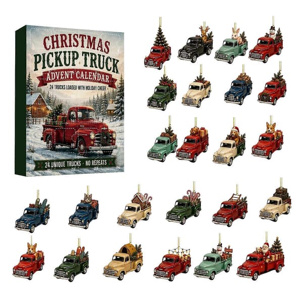Vintage lastebil-adventskalender til jul, 24-dagers nedtelling med retro pickup-pynt