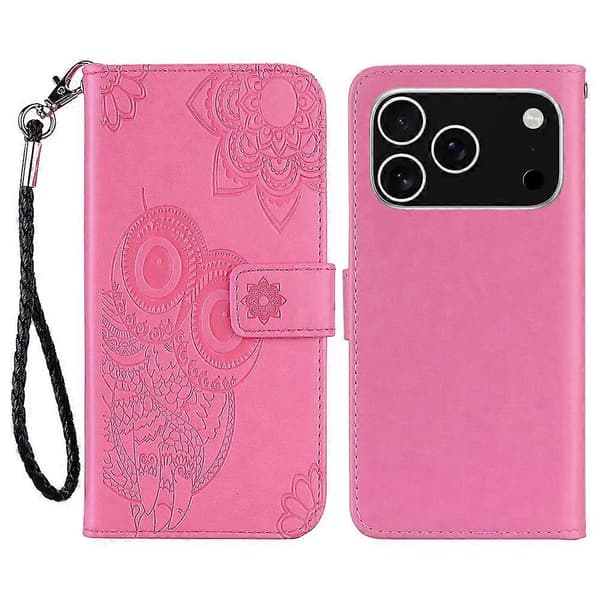 Fodral för iPhone 17 Pro Uggla Blomma Präglat Läderfodral Plånbok med Rem - Ros