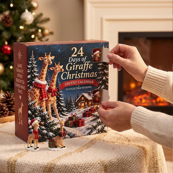Giraf-julekalender, 24 stk. akrylpynt med julemands-hue-design