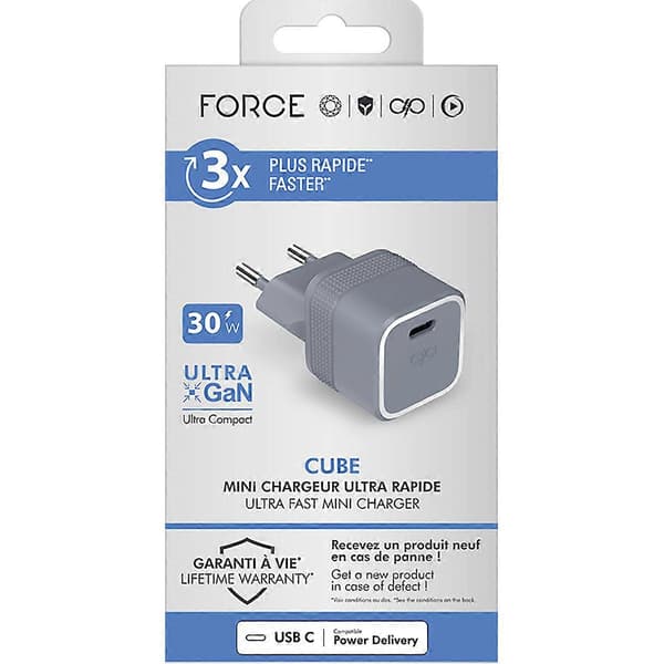Lader UltraGaN USB-C Cube 30W Power Delivery Ultra Rask Universell, Grå
