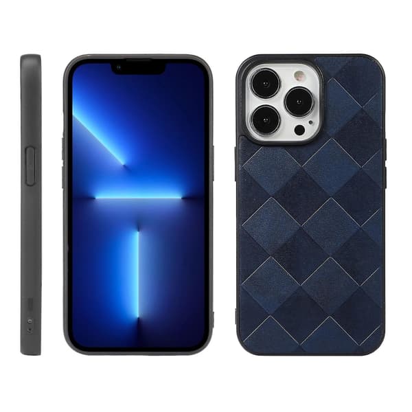 Kudottu ruudullinen PU-puhelinkotelo iPhone 13 Pro Maxille, sininen