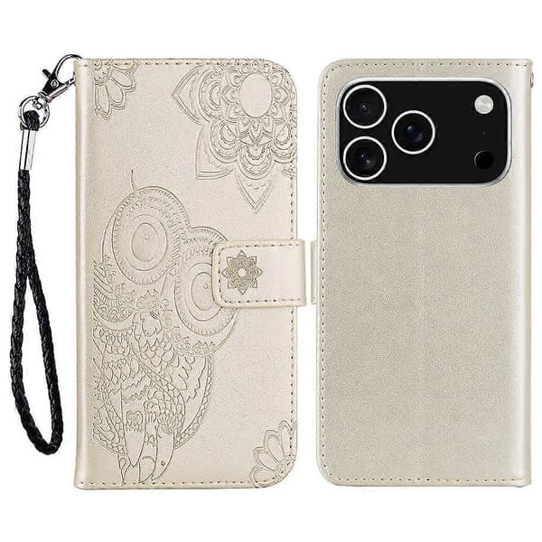 til iPhone 17 Pro Max Etui Ugle Blomst Præget Læderpung med rem - Guld