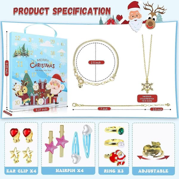 Julekalender til piger 24 dages jule-charms armbånd, DIY modesmykkesæt til nedtælling til jul