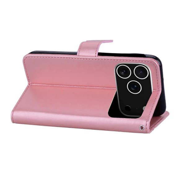 Fodral för iPhone 17 Pro Max, läderplånbok med uggla och blommönster och rem - Roséguld