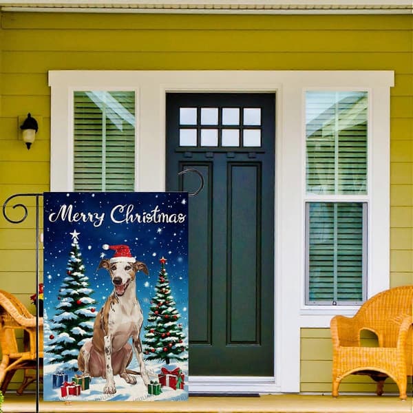 Julehageflagg, Juleflagg Whippet-hund Julehusflagg 12 x 18 tommer utendørs jul