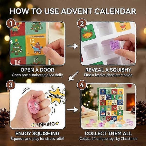 24 stk. jule-nedtellingskalender, glitrende squishy fidget-leker, assorterte mini-julepynt, overraskelses-blindboks-gave til gutter og jenter