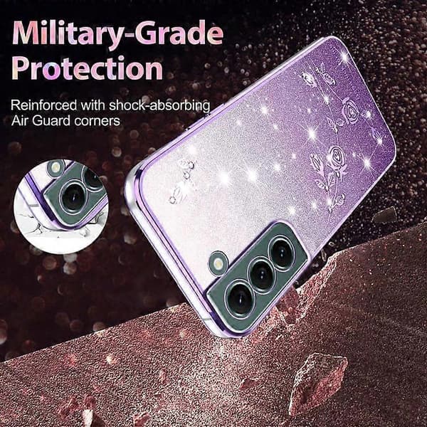 För Samsung Galaxy S22 5G Gradient Glitter Flower All-inclusive Phone Case