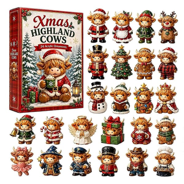 Jule-adventskalender, 24-delt 2D flad akryl tegneserie-ko mini-pynt, bondegårds-julepynt