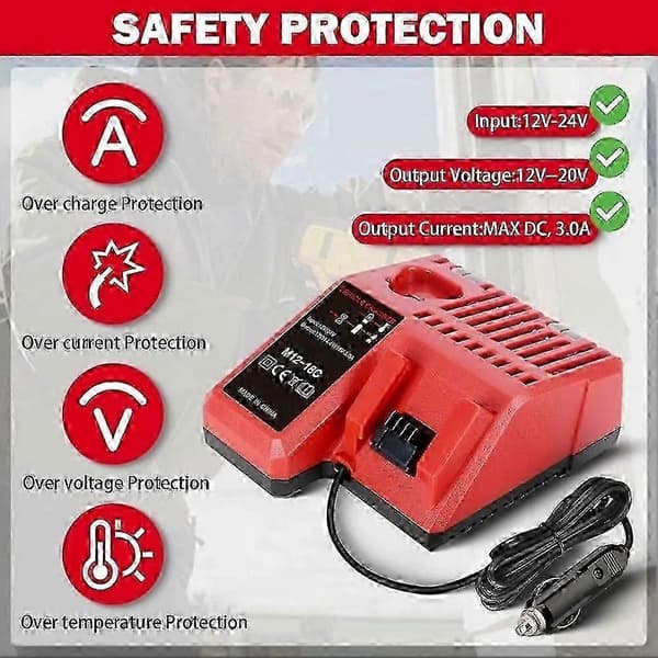 Milwaukee Batterilader for 12V 18V M18 M12 med LED-indikator, billaderplugg