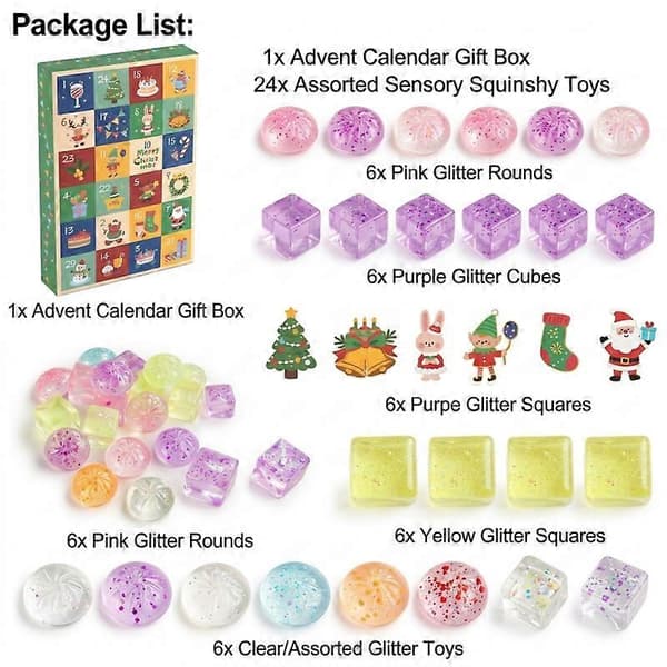 24 stk. julekalender blindboks, blandede glitrende mini-squishies, jule-stressleker, nedtellingsgave til barn