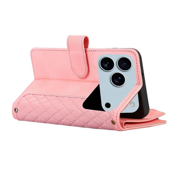 Til iPhone 17 Pro Max Cover 9 Kortpladser Rhombus Design Læder Telefoncover med Håndledsrem - Rose G