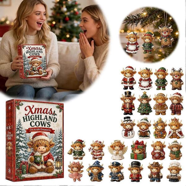 Jule-adventskalender med 24 dagers nedtelling og flate Highland Cow-pynt