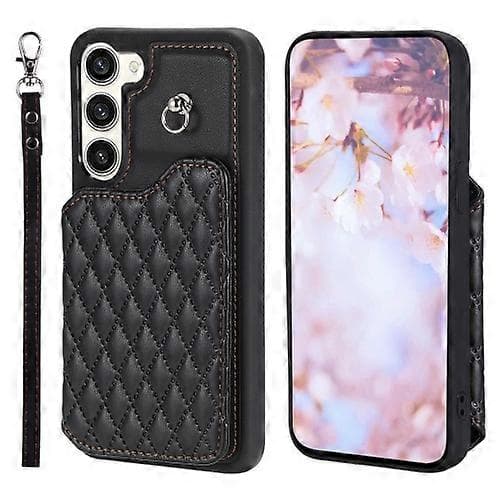 For Samsung Galaxy S23 5G Grid Texture Card Bag Phone Case with Lanyard