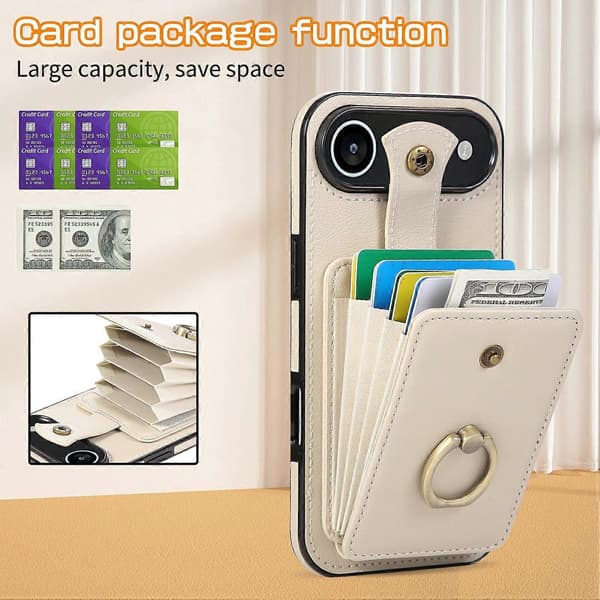 For iPhone 17 Air-deksel Kortholder Ringstativ TPU+PU-skinntelefondeksel med lang stropp