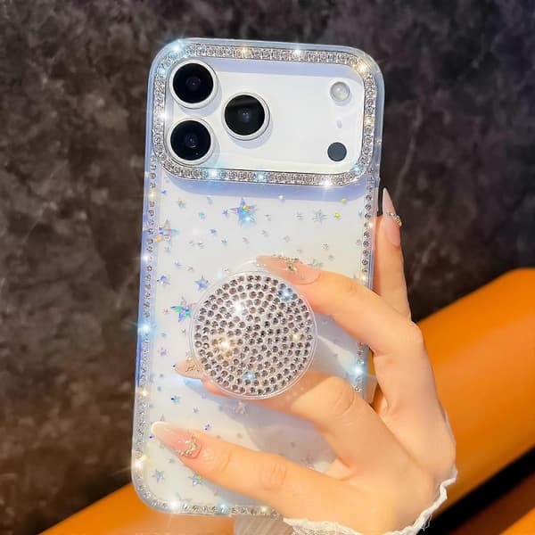 Timanttinen kimalteleva pyöreä pidike puhelinkotelo iPhone 17 Pro Maxille