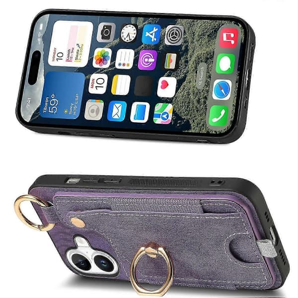 Til iPhone 16 Plus Cover Kortpladser Læder+TPU Telefoncover Med Ring Spænde - Lilla