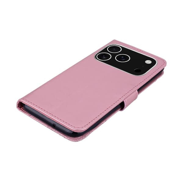 Fodral för iPhone 17 Pro Max, läderplånbok med uggla och blommönster och rem - Roséguld