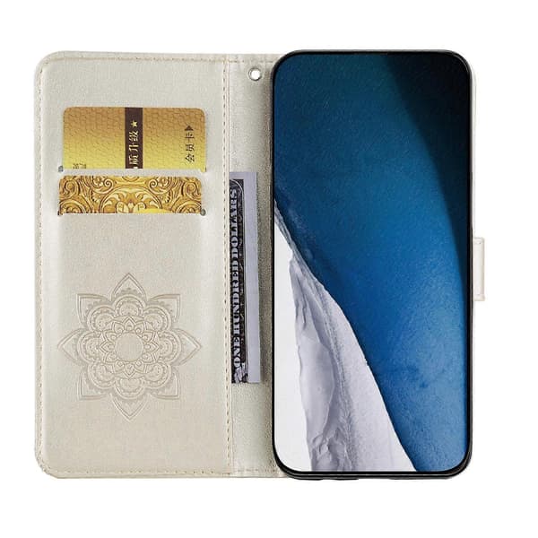til iPhone 17 Pro Max Etui Ugle Blomst Præget Læderpung med rem - Guld
