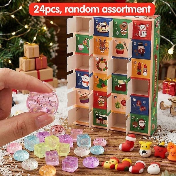 24 stk. jule-adventskalender blind box, blandet glitrende mini squishy, jule-stresslegetøj, nedtællingsgave til børn