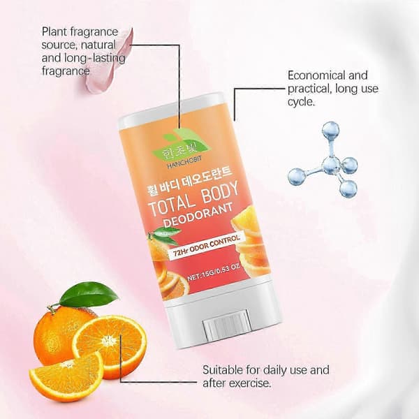 Mandarinkroppsdeodorant - Solid helkroppsdeodorantstift - 72 timers luktkontroll - Aluminiumfri, bakepulverfri og hudvennlig