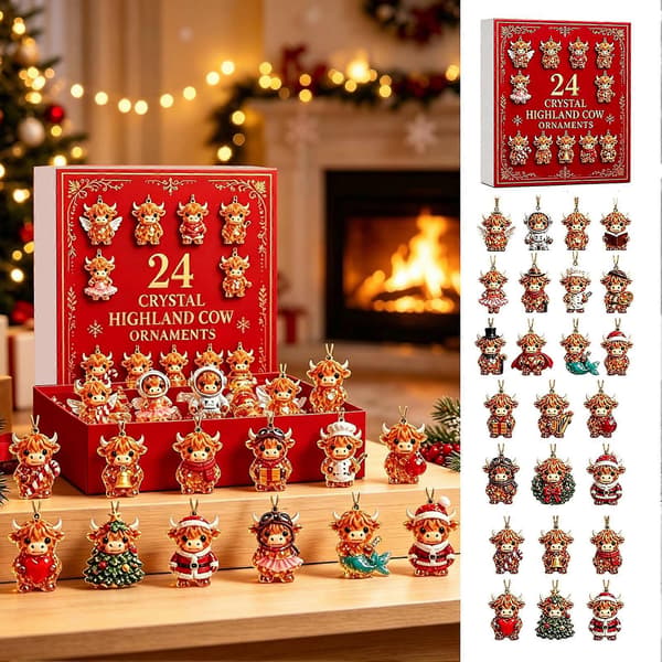 Highland Cow Adventskalender – 24 hengende akrylpynt – til juletrefest