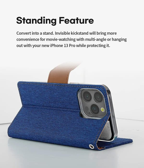 Til iPhone 13 Pro Wallet Flip Denim Cover.