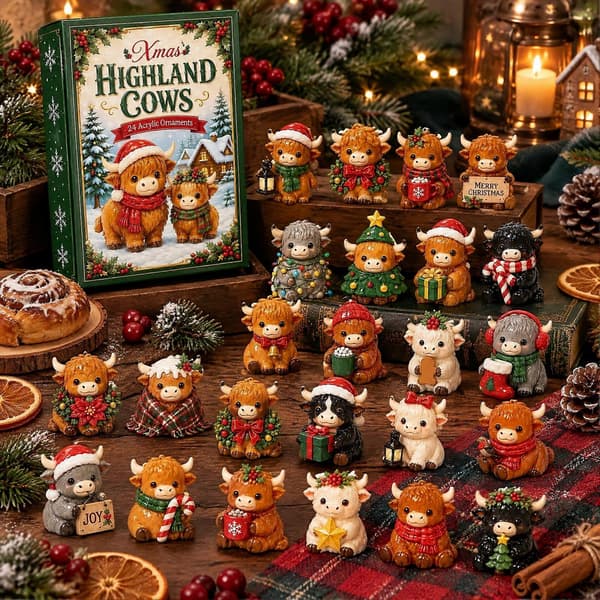 Highland Cow Julekalender – 24 Hængende Ornamenter – til Nedtælling til Jul