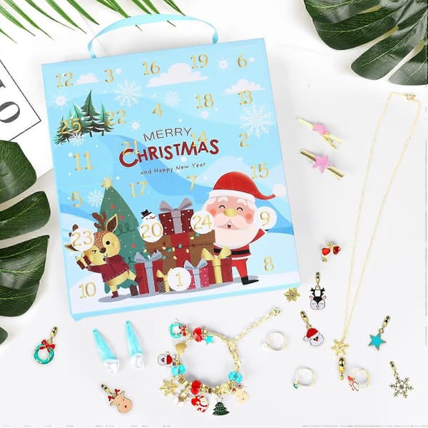 Julekalender til piger 24 dages jule-charms armbånd, DIY modesmykkesæt til nedtælling til jul