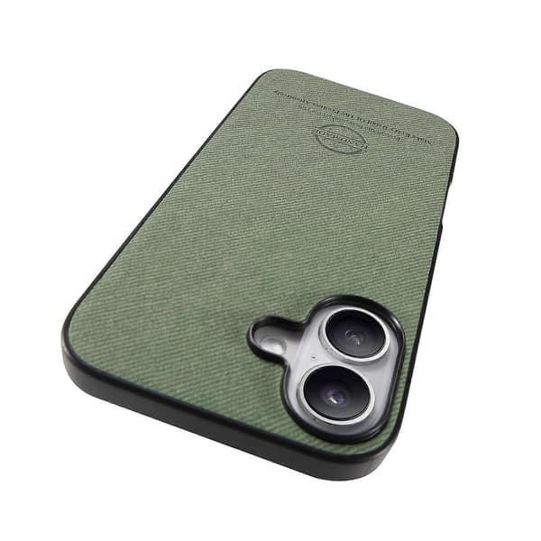 For iPhone 16 Skinntelefonbakdeksel med stofftekstur
