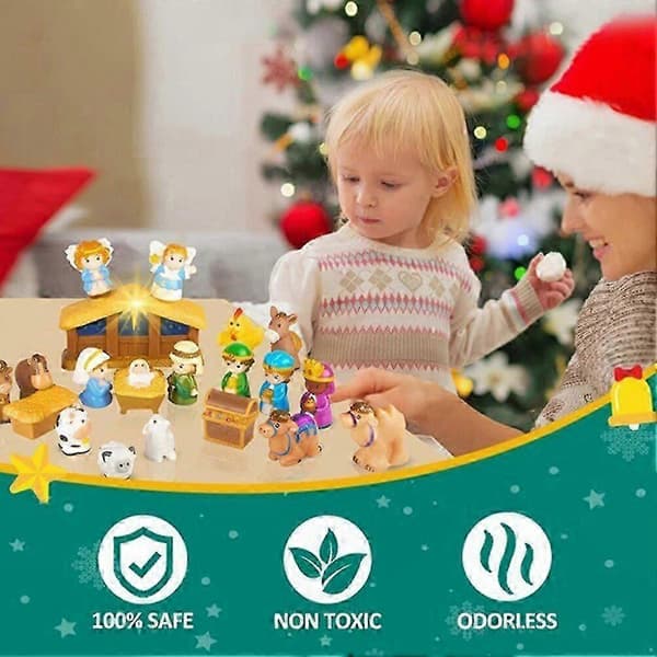 Festlig julepynt og gave, julekalender for barn med 25 julekrybbe-figurer