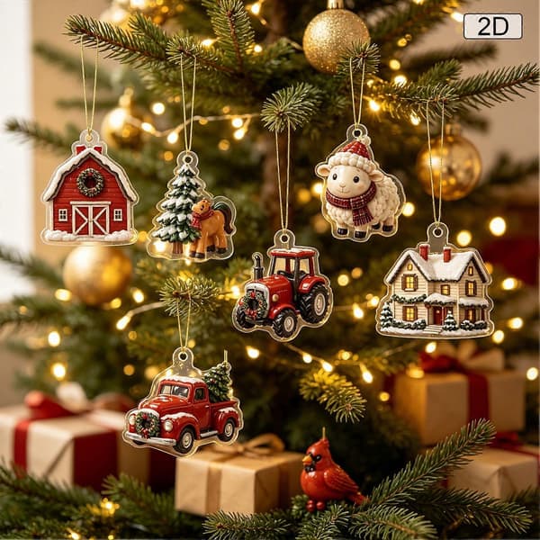 Gårds-adventskalender til jul, 24-delt akrylpyntsett med rustikk låvedesign
